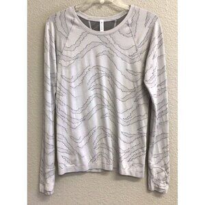 Athleta Gray Print Long Sleeve Workout Top Thumbholes Sz Medium Athleisure